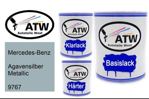 Mercedes-Benz, Agavensilber Metallic, 9767: 1L Lackdose + 1L Klarlack + 500ml Härter - Set, von ATW Autoteile West.